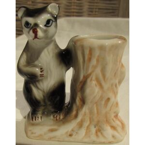 Bear with tree stump toothpick hold ceramic vintage